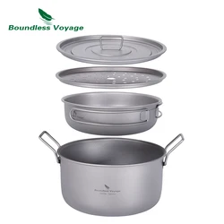 Boundless Voyage Camping Cooking Pot Multifunctional Titanium Steamer Soup Pot Frying Pan Set with Lid Outdoor Mess Kit Ti2057C
