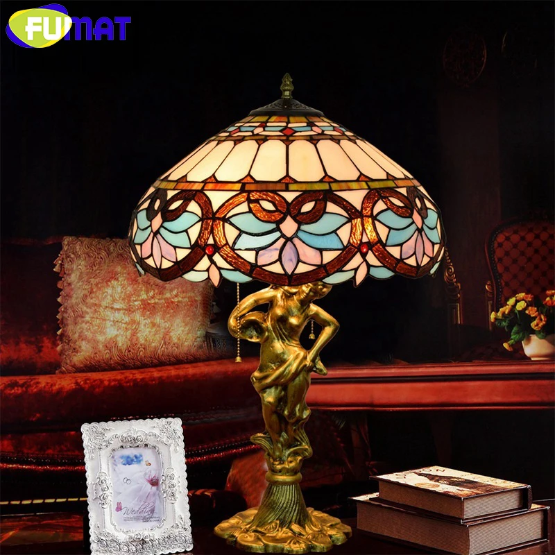 FUMAT Tiffany European Barock Style Table Lamps Stained Glass Desk Lamp Alloy Loving Heart Goddess LED Luxury Table Lights