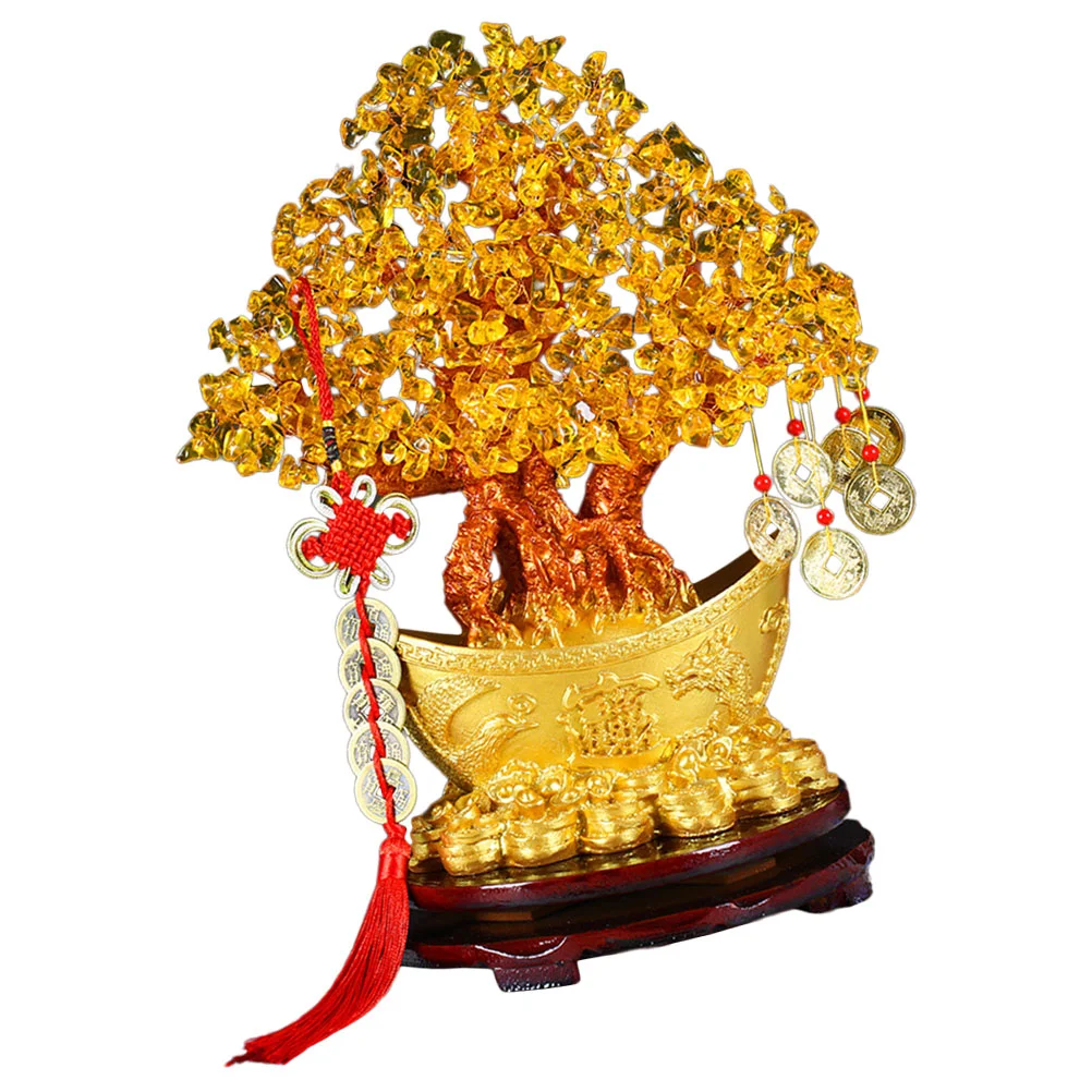 Citrine Macrocarpa Creative Decoration with Ingot Base Money Tree Ornament Table Centerpiece Bonsai Crystal Statue