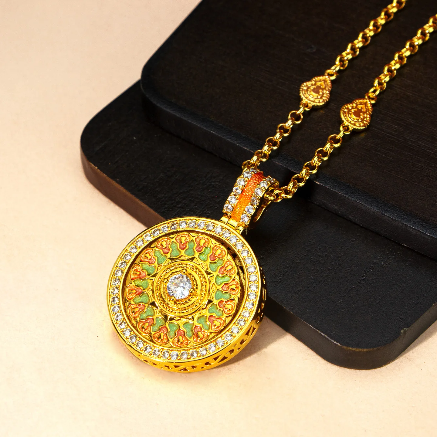Light luxury 24K real gold ancient method full of diamonds and time to run pendant au9999 pure gold necklace hollow pendant