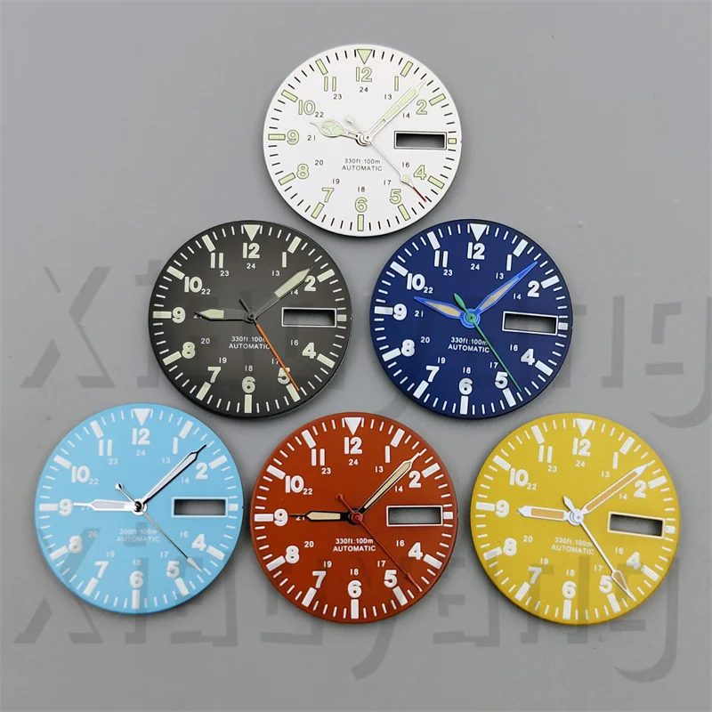 Black Blue White Sterile Red 29mm Pilot Style Watch Dial And Hands Set Arabic Numerals Fit NH36 Automatic Movement GreenLuminous