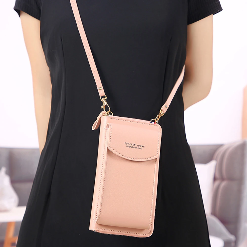 Women Purses Solid Color Leather Shoulder Strap Bag Mobile Phone Big Card Holders Wallet Handbag Pockets for Girls