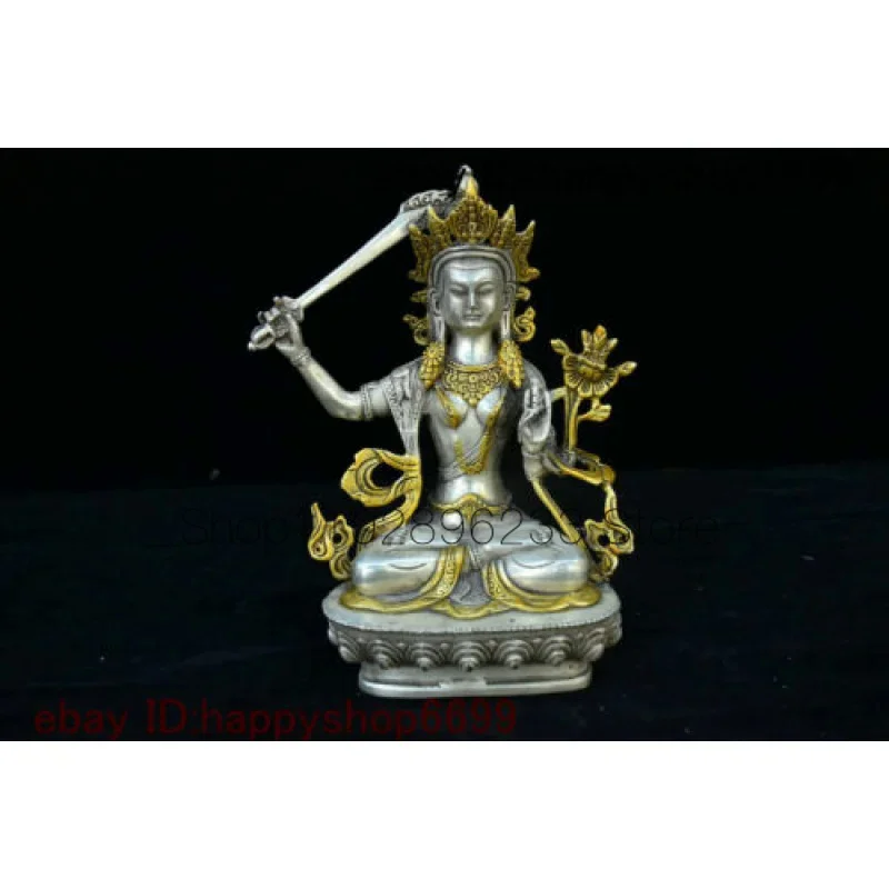 

Old Tibet Collect Buddhism Silver Gilt Wenshu Manjushri Kwan-yin Buddha Statue