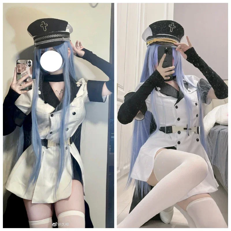 Anime Akame Ga KILL Cosplay com Peruca Azul, Esdeath Empire, Uniforme com Chapéu, Festa de Halloween para Mulheres e Meninas