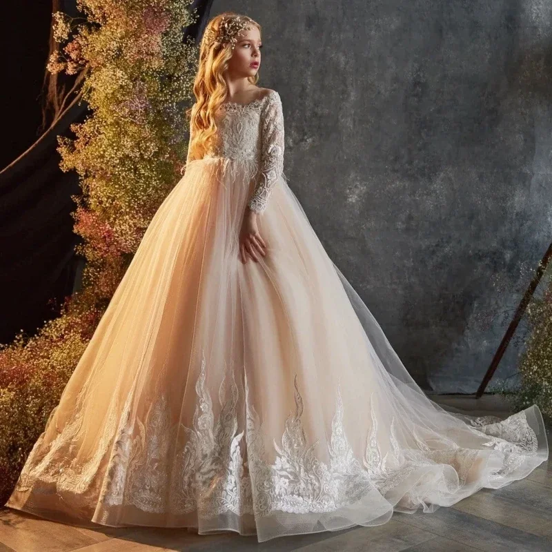 Customized Flower Girl Dresses Champagne White Pattern Appliques Long Sleeve For Wedding Birthday Party Banquet Princess Gowns