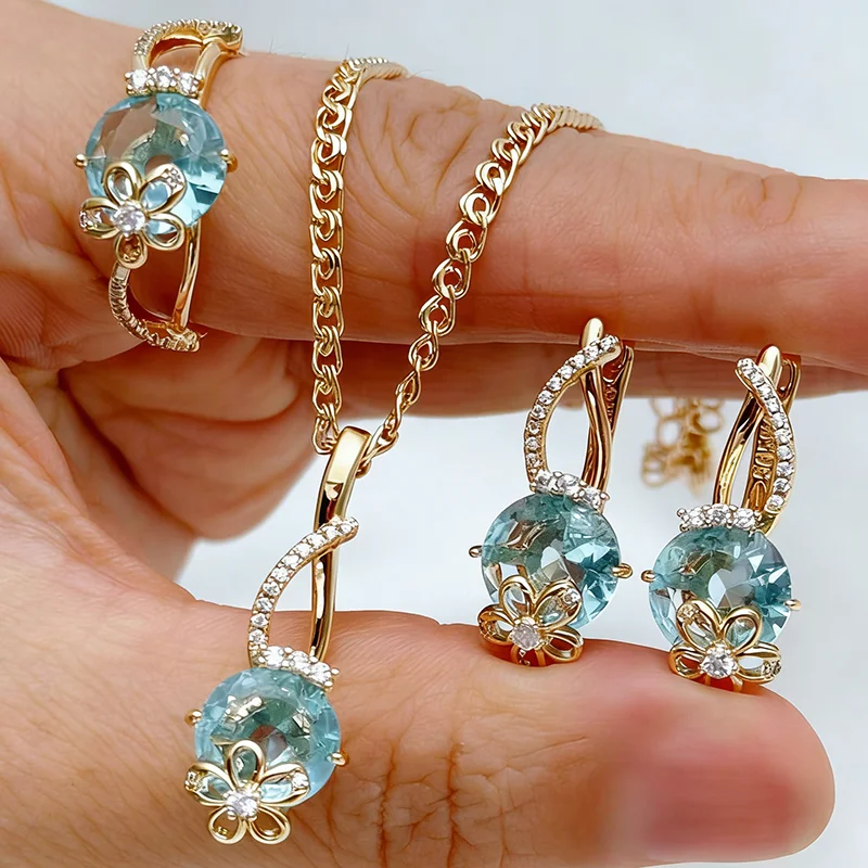 Kinel Unique Blue Stone Ring Earrings Necklace for Women 585 Rose Gold Color With Natural Zircon Accessories Vintage Jewelry Set