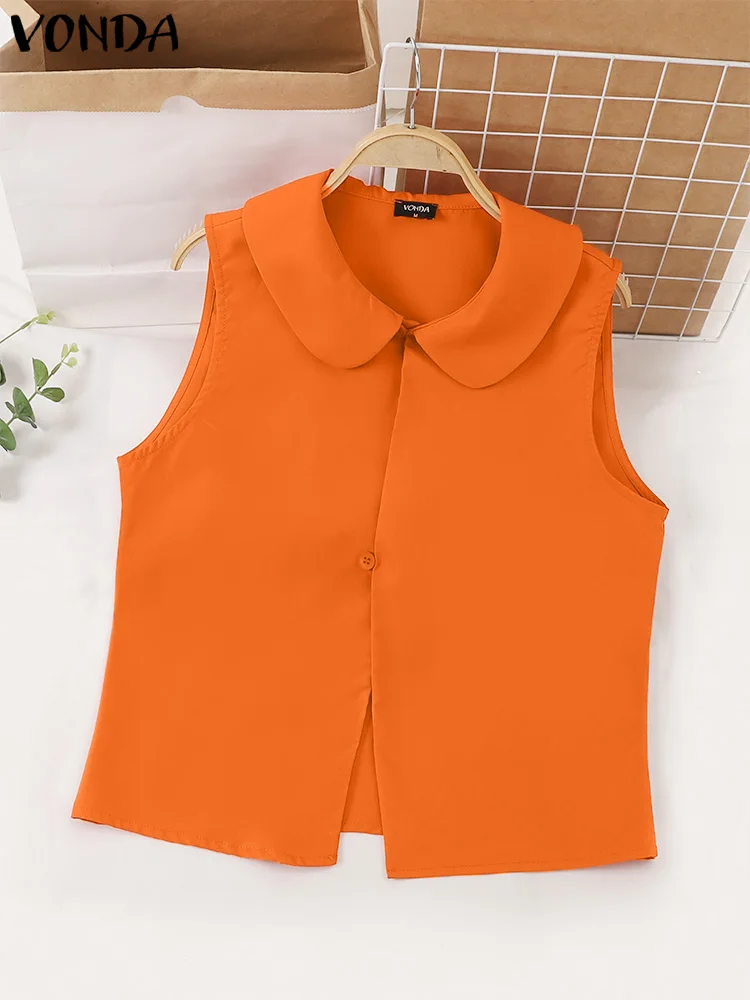 VONDA Women Sleeveless Tops Shirts 2024 Summer Fashion Lapel Casual Solid Color Blouses Buttons Loose Elegant Blusas Femininas