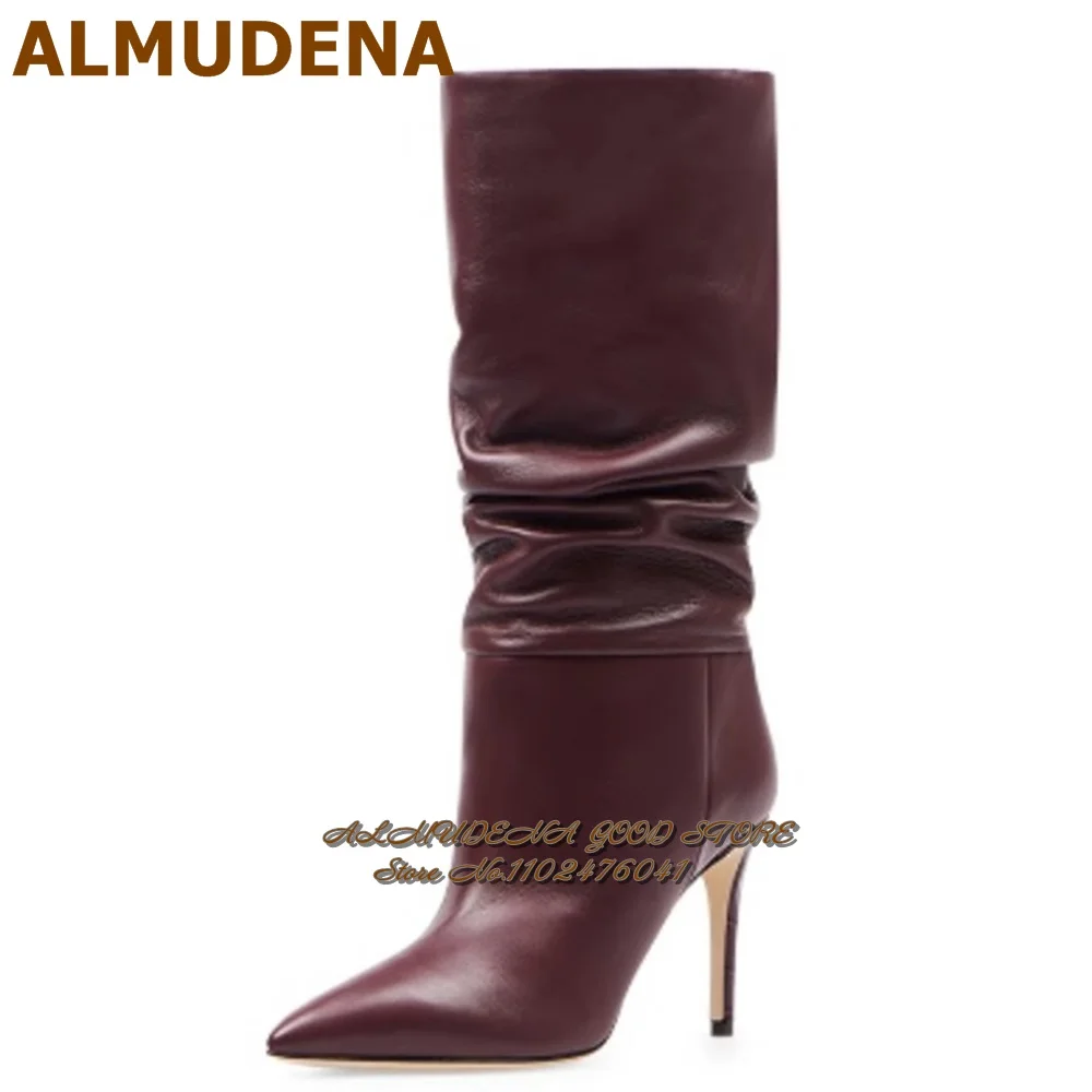 

ALMUDENA Wine Red Purple Matte Leather Mid-Calf Boots Thin High Heel Pointed Toe Folded Middle Boots Elegant Pleated Dress Shoes