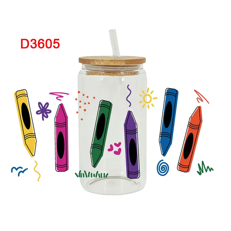 ملصقات نقل DTF ثلاثية الأبعاد للأشعة فوق البنفسجية سعة 16 أونصة يلتف المعلم العودة إلى المدرسة مطبوعة من الجلد المعدني والزجاج وما إلى ذلك. D3604