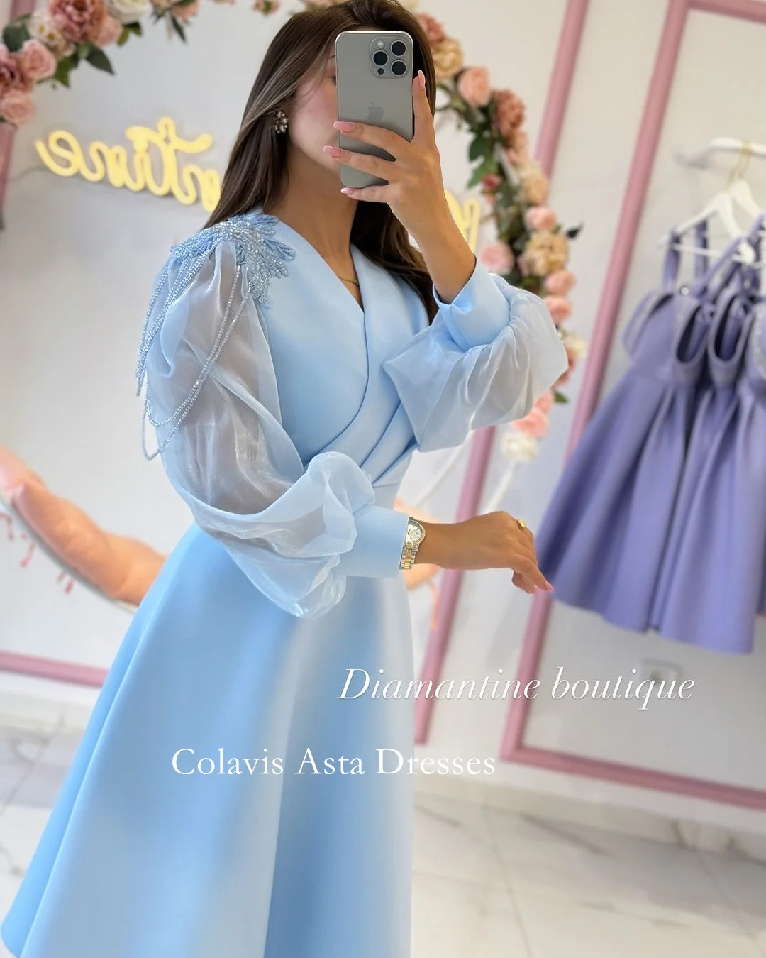 2024 Fashion Style Arabic Morden Sky Blue Customized Evening Dresses Knee Length Beading Formal Prom Growns Party Women Bride