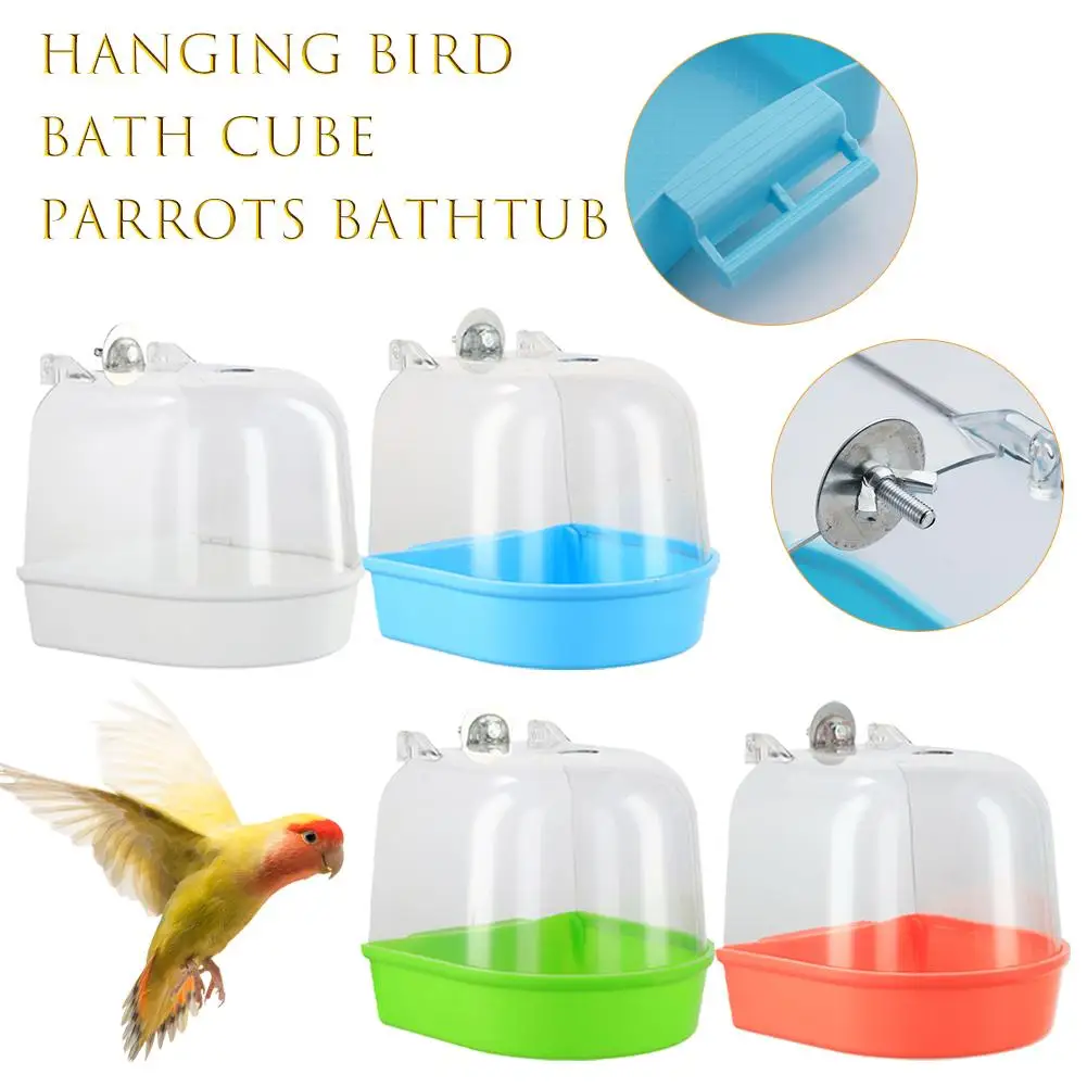 Transparent Bird Bath Tub Splash-Proof PP Shower for Parrots Lovebirds Bird Bathtub with Hanging Hooks Acrylic Bird Bath Cube