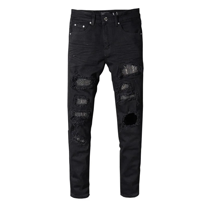 Black High Street Holes Transparent Crystals Patchwork Stretch Slim Fit Rhinestones Patches Distressed Ripped Jeans Men