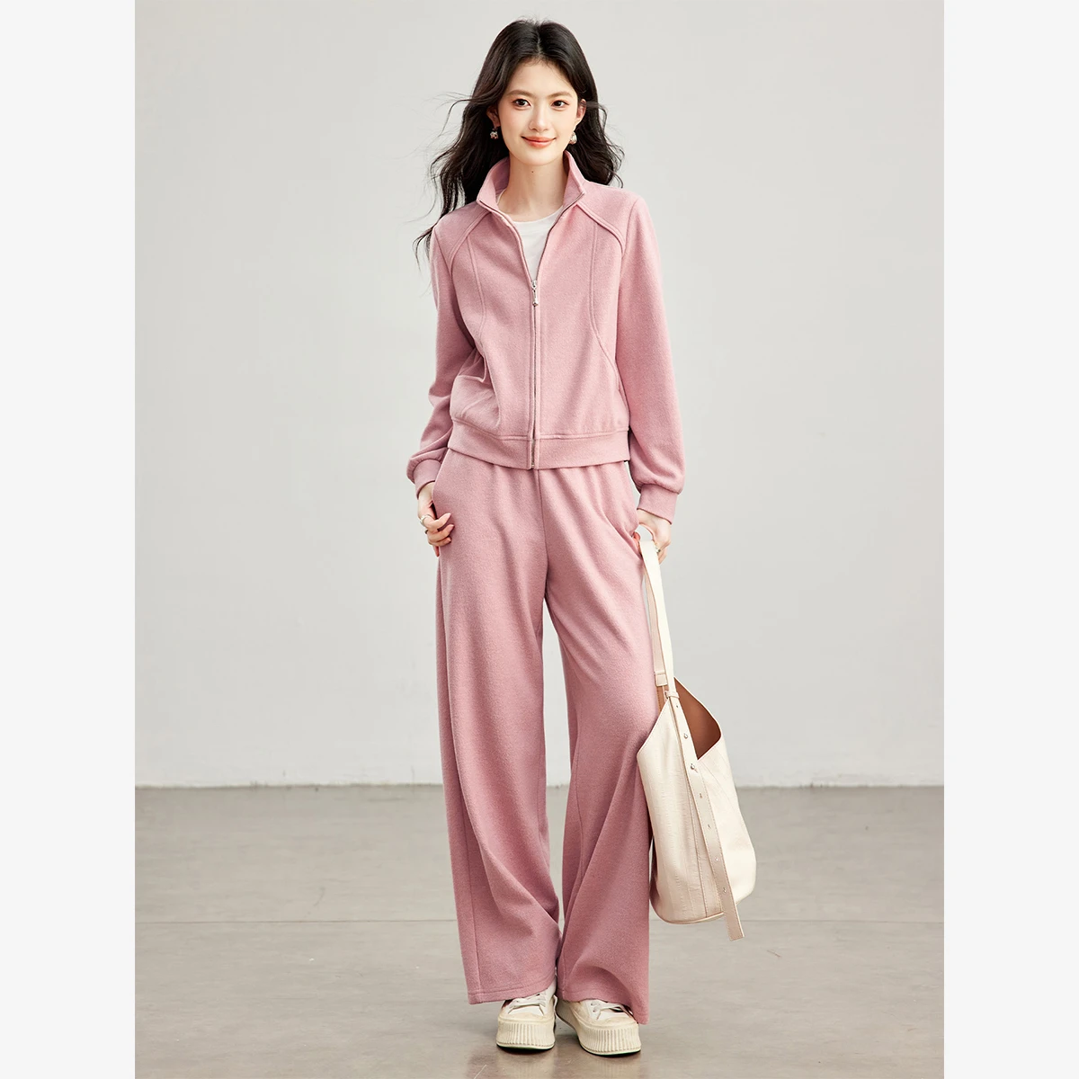 VIMLY Pink Sporty Casual Set for Women Zip-up Jacket Wide-leg Baggy Pants Two-piece Set 2026 Fall Fashion Matching Outfit A7525