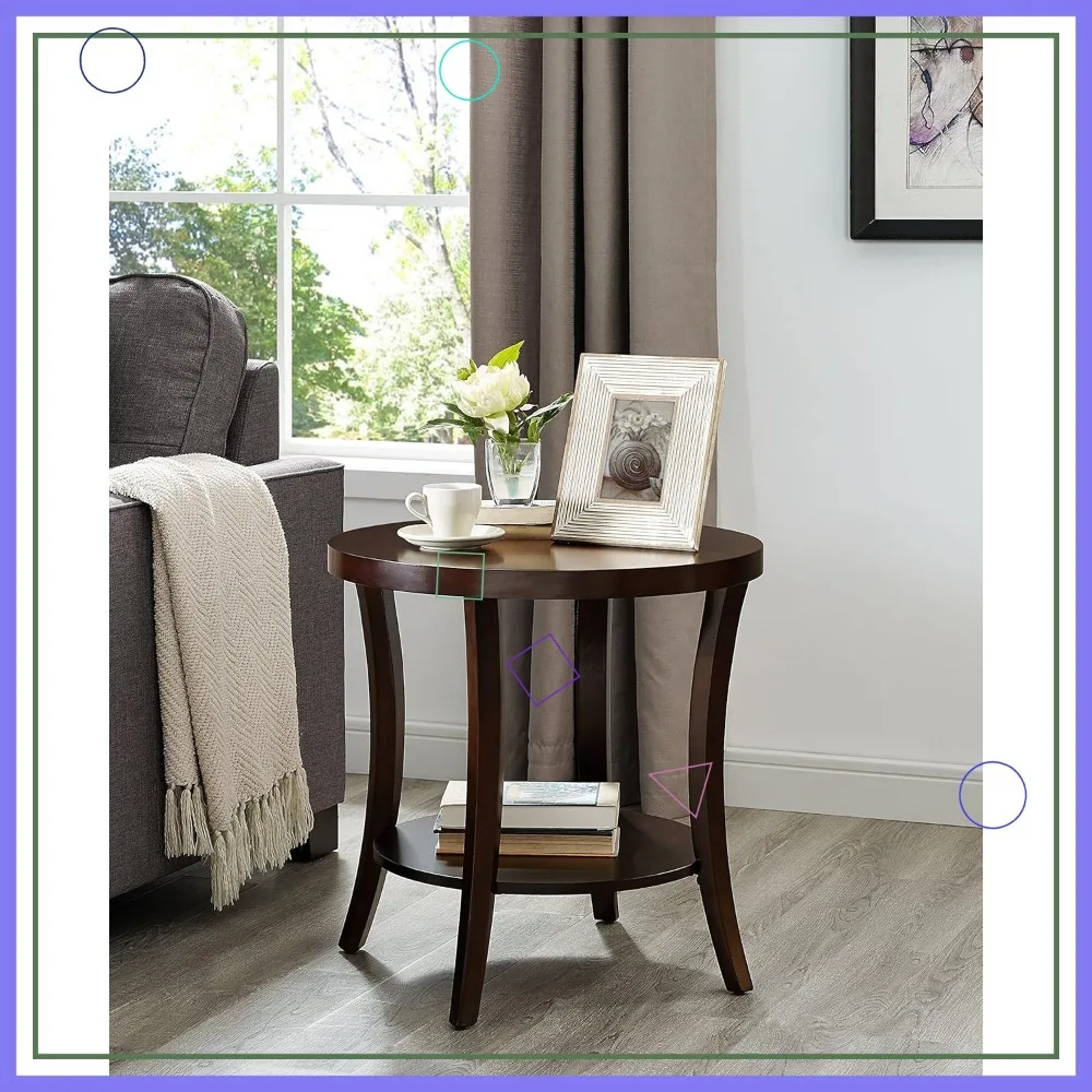 

Contemporary Round End Table with Shelf, Espresso Finish, Birch Wood Veneer, 23.3" W x 23.3" D x 23.5" H