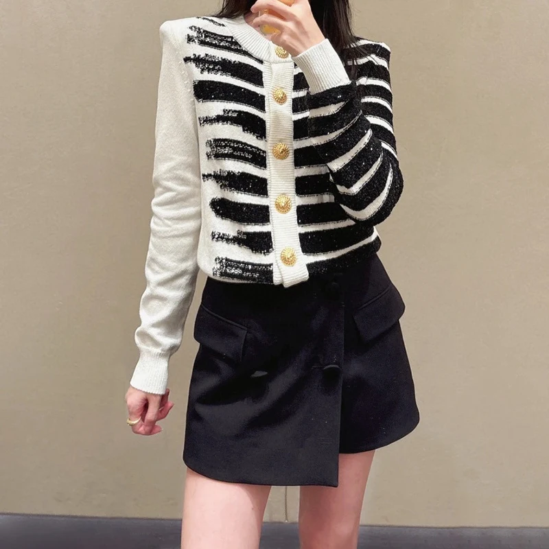 

Cardigan for women New elastic knitted long sleeved top for autumn 2025 Sequin blended striped women's sweater y2k Knitwear coat