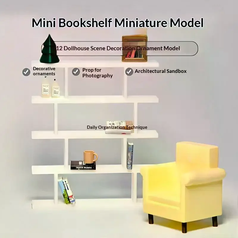 1/12 Miniature Dollhouse White Bookshelf Organizer Multi Layer Shelf Rack Living Room Scene Model