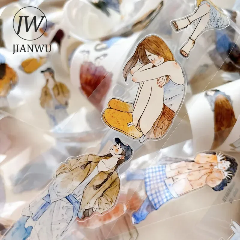 jianwu-50mm×10m-可愛らしい女の子のキャラクターが描かれた風景柄の素材。コラージュやスクラップブッキング、diyのジャーナルや文具に使えるpetテープ。