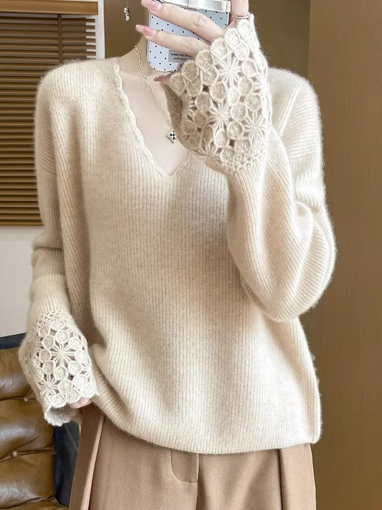

Вязаный шерстяной свитер с V-образным вырезом и ажурным узором из Циндао, женский, свободный крой, теплый, с длинными рукавами, осенняя мода