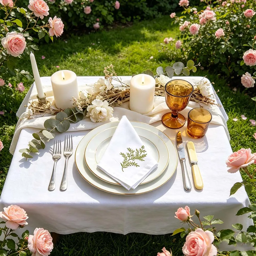Set of 6 Linen Cotton Napkin Cloth Tableware Pad Golden Leaf Square Towel Embroidery Tablecloth Towel for Wedding Party Birthday