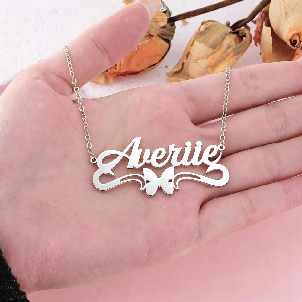 Custom Name Butterfly Necklace Personalized Cursive Nameplate Necklace Stainless Steel Jewelry Best Gift For Mama Girlfriend