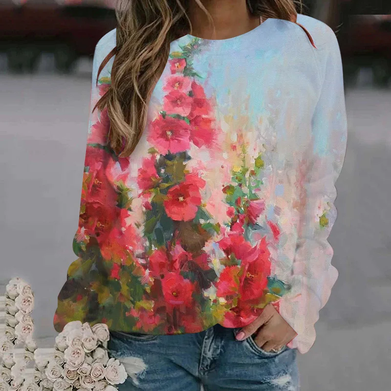 Autumn Women\'s Oil Painting Flower Print Round Neck Long Sleeve Loose Fashion Fresh Women\'s Sweatshirt Fashion Versatile Hoodie