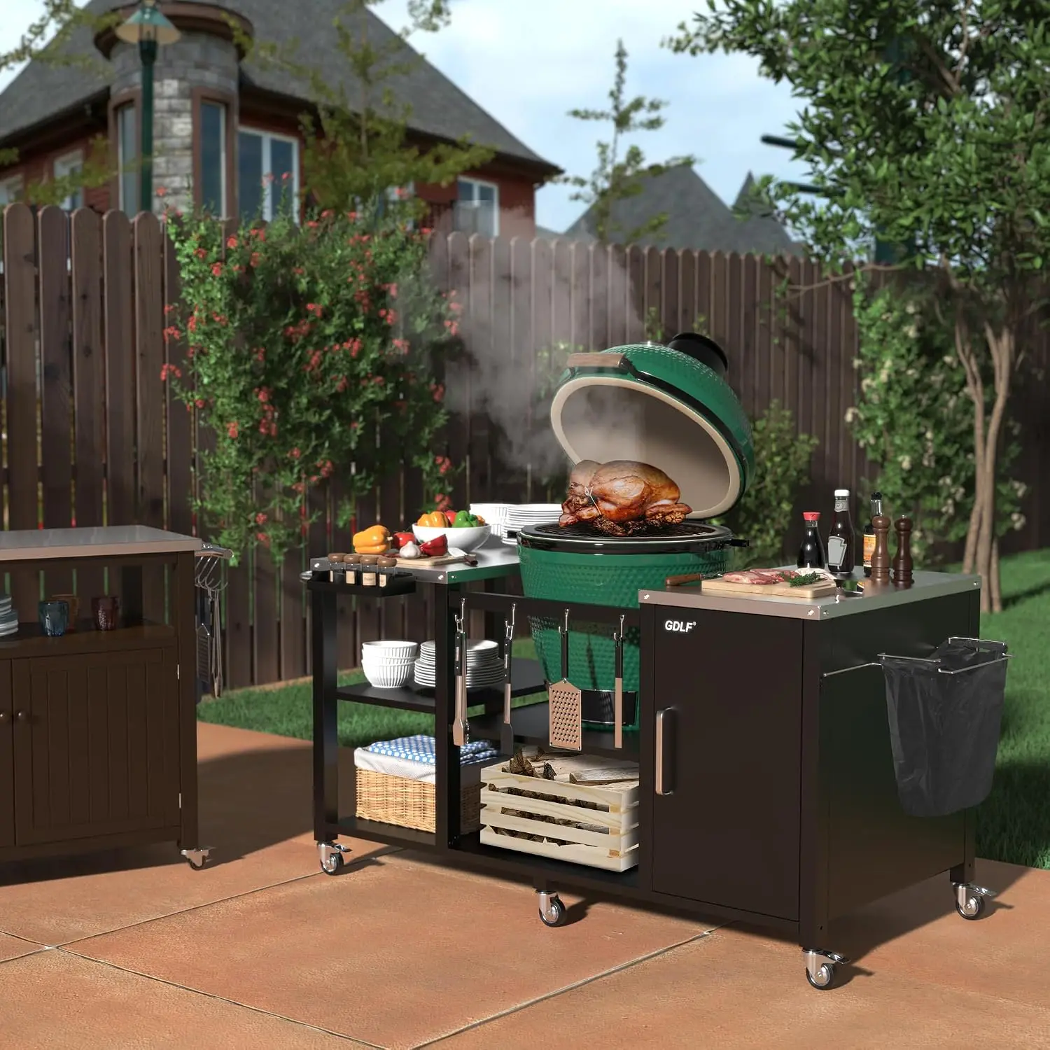 Compatible With Large Big Green Egg, Kamado Joe Classic, Stainless Steel Prep Tops, Enclosed Storage Cabinet, Locking Wheels