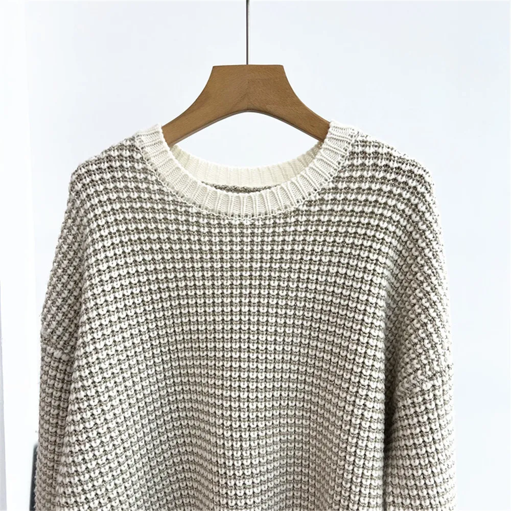 Damski sweter z okrągłym dekoltem, długim rękawem, łączony z efektownym jedwabiem, luźny, mieszanka kaszmiru, dzianina, kolekcja Jesień/Zima 25