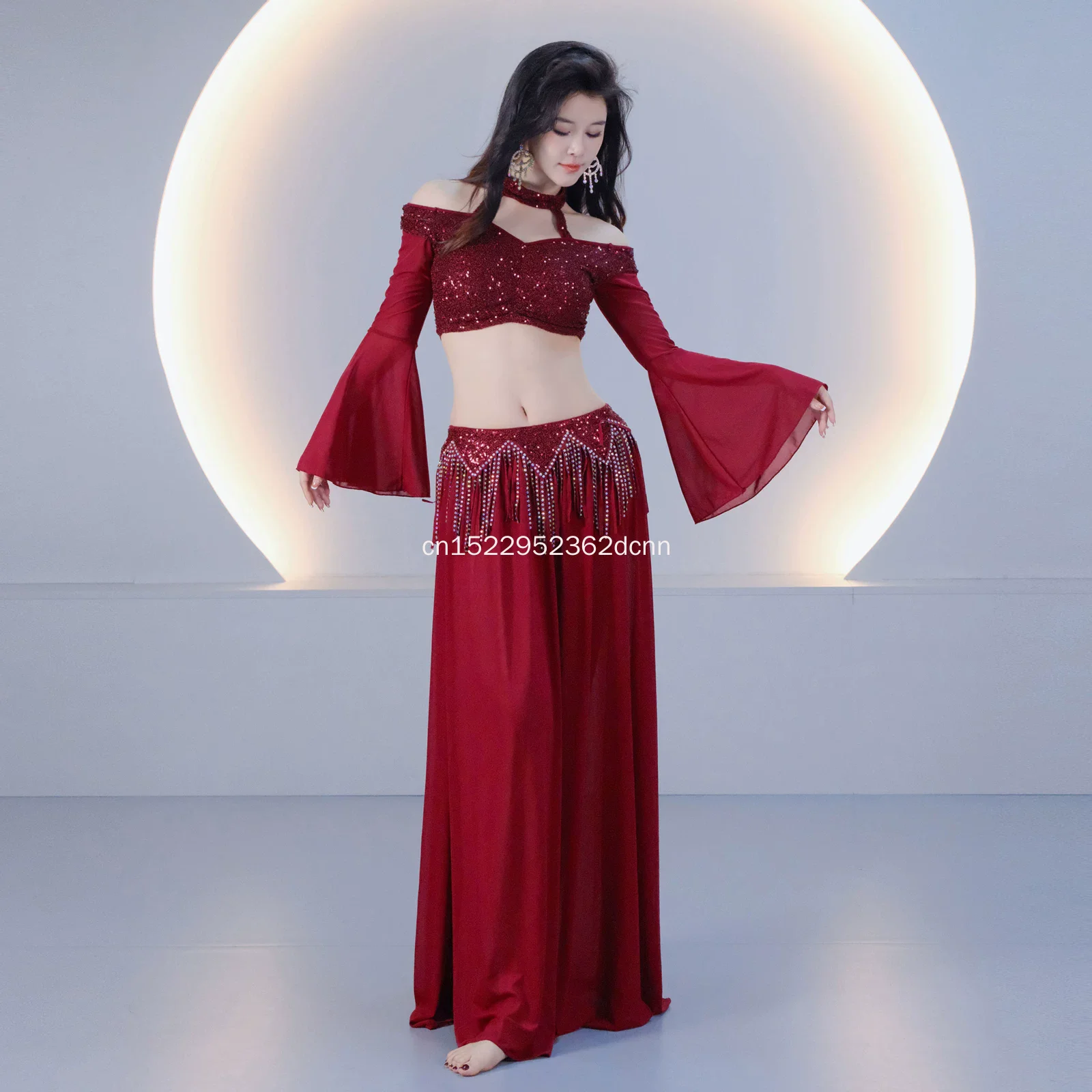 

Womens Elegant Belly Dance Class Uniform Shiny Sequins Costume Halter Top Tassel Long Skirt Group Performance Outfit Shimmy Belt