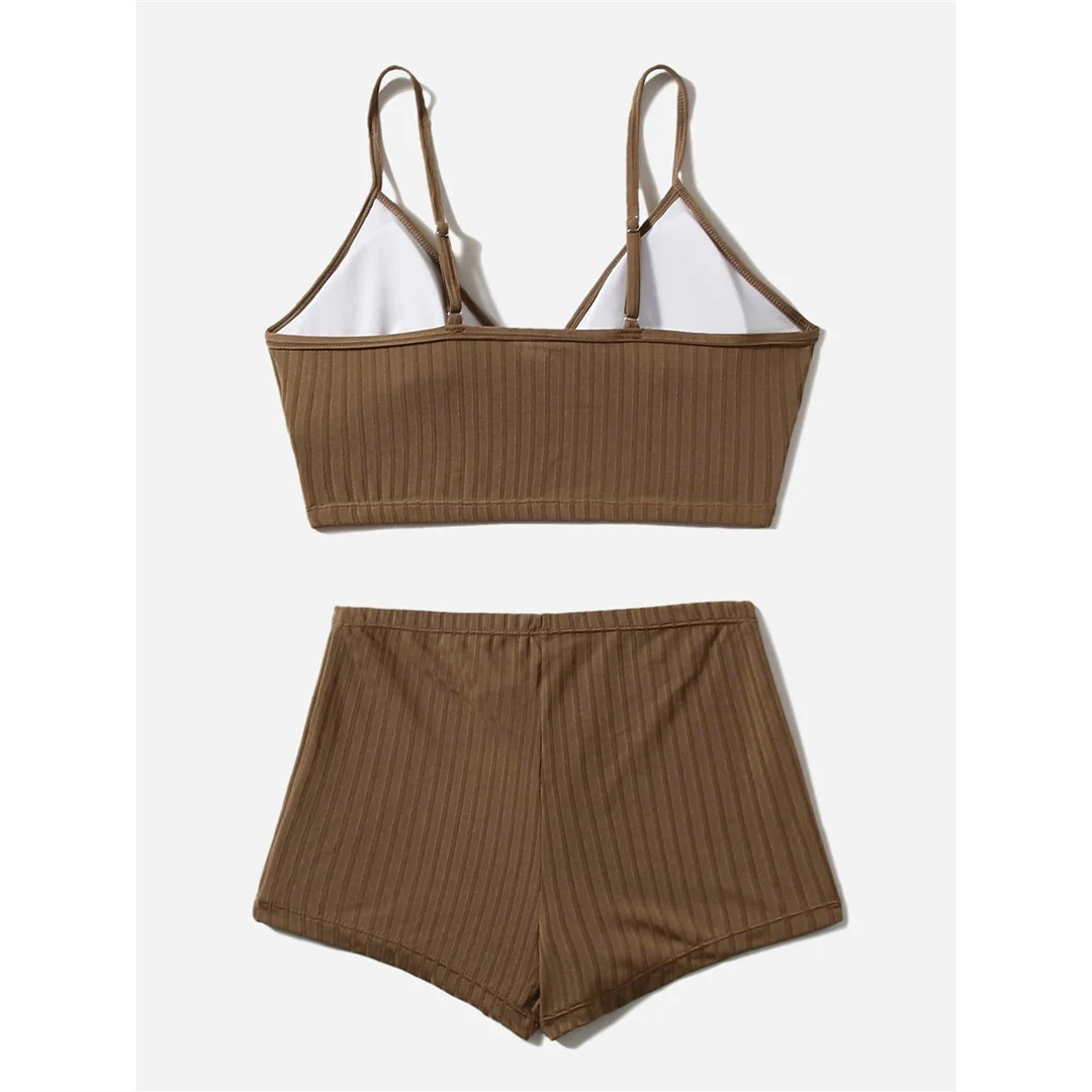 Gerippte Shorts, Damen-Badeanzug, Bikini mit hoher Taille, zweiteiliges Bikini-Set, gepolsterter Badeanzug, Damen-Badebekleidung, V3281. – Detail 27