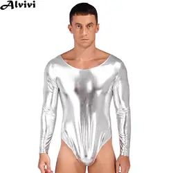 Mens Ballet Dance Gymnastic Leotard Pole Dancing Clothes Long Sleeve Shiny Patent Leather Bodysuit Clubwear for Party Nightclub