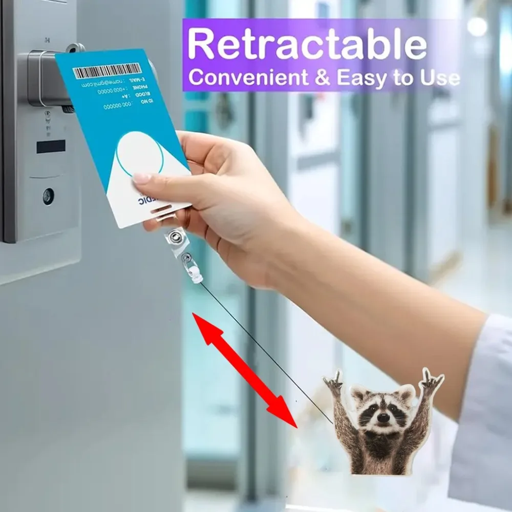 Funny Raccoon Badge Reel Retractable Acrylic ID Badge Clip Portable with Alligator Clip Badge Reel Holder
