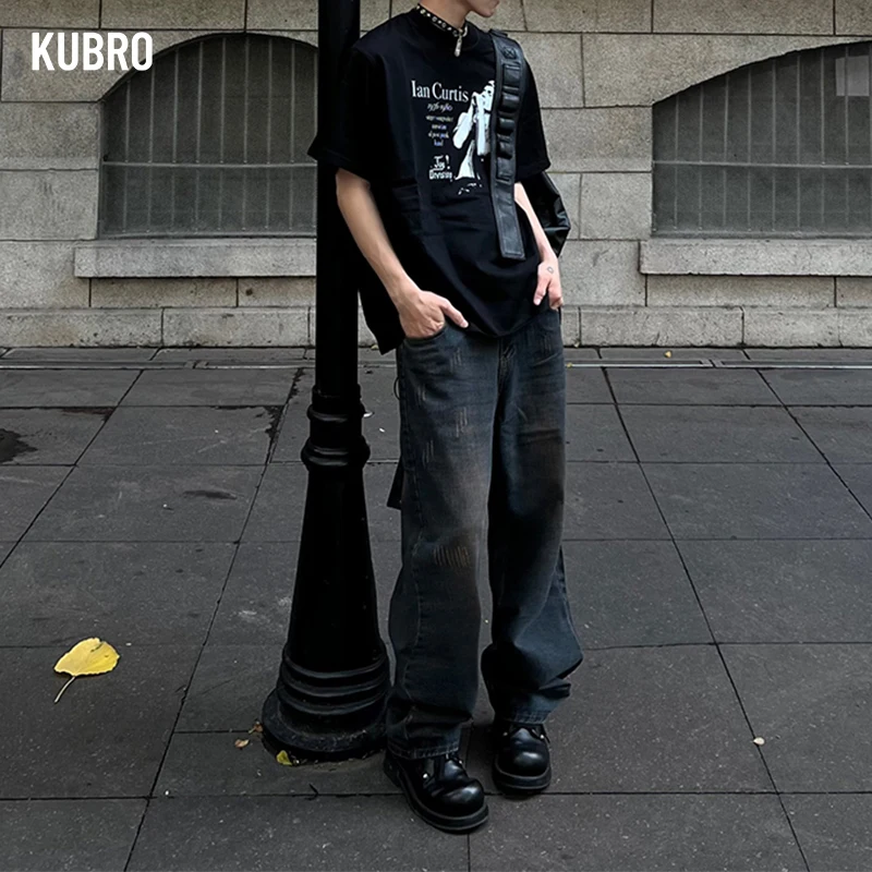 KUBRO Trend Brand High Quality Street Youth Retro Y2K Jeans 2024 Summer Fashion Men's Casual Small Straight Denim Trousers Male