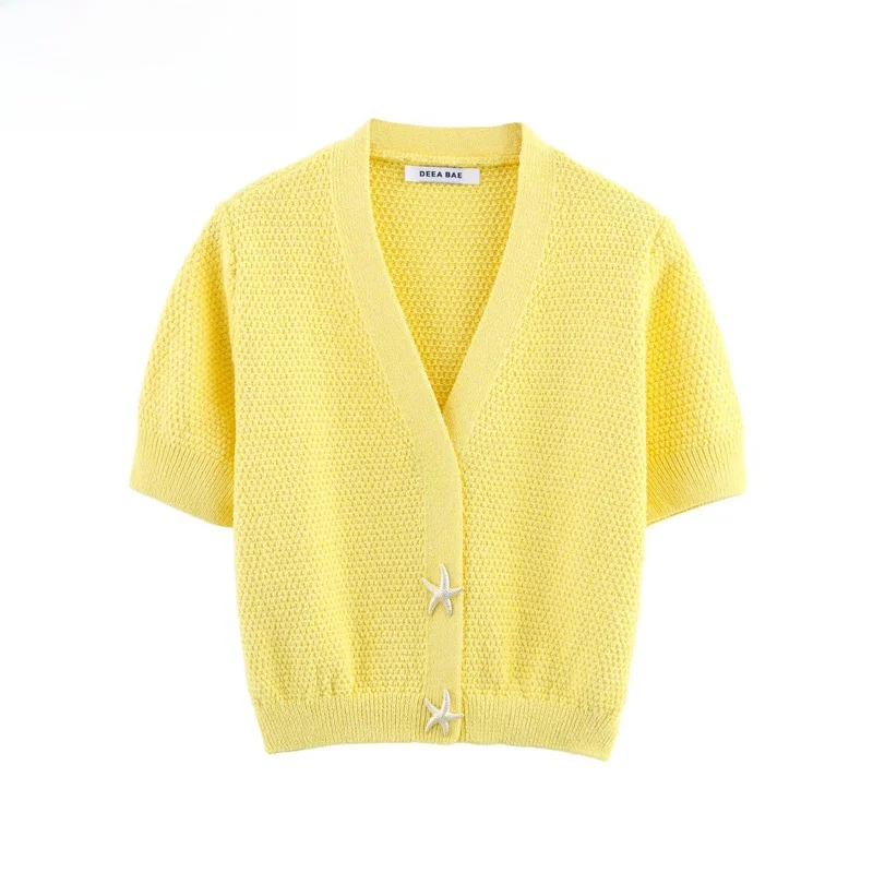 

ZBZR Spring New Faion Star Button Knitted Jaet Women's irt Straight Sle ort Sve V-Ne Polyester Fiber Pure Color