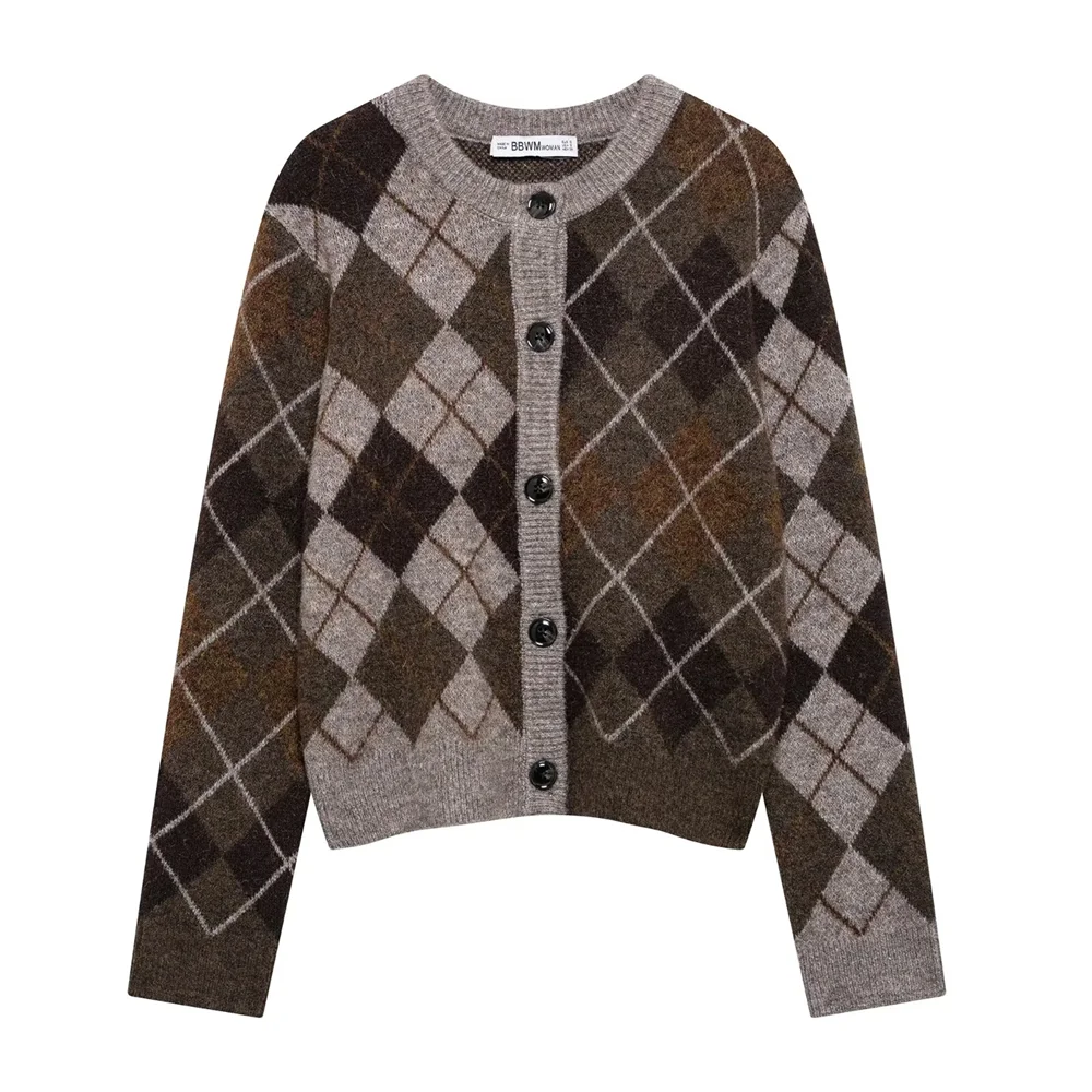 

2024 RARF Winter New Women's Fashion and Comfortable Simple Checkered Long Sleeve Round Neck Knitted Coat