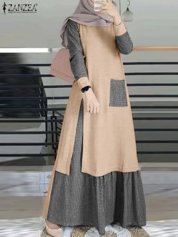 Fashion Patchwork Long Dresses Women Vintage Muslim Checked Dress ZANZEA Overszie Robe Femme Turkey Abaya Long Sleeve Vestidos