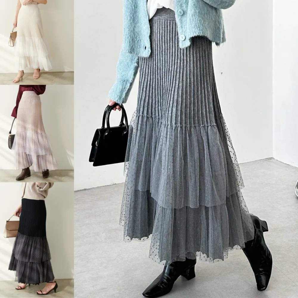 

Autumn and winter knitted A-line mid-length skirt, breathable, formal, high-waisted design solid color versatile for all seasons