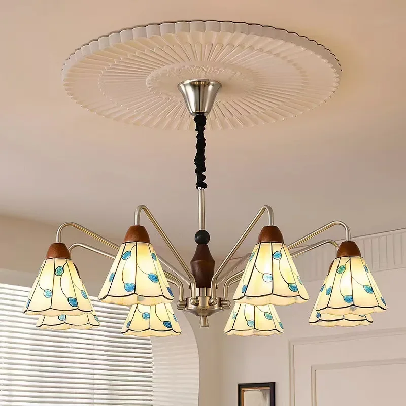 French Retro Multi Heads Glass Pendant Lights Living Room Decor Chandelier Dining Table Hanging Lamps Bedroom Led Illumination