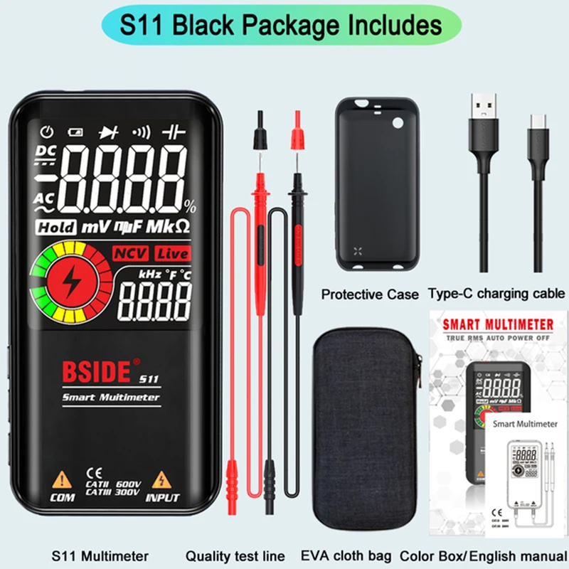 BSIDE S10/S11 Smart Digital Multimeter 9999 conteggi T-RMS DC AC tensione capacità Ohm diodo multimetro NCV Hz Live wire Tester