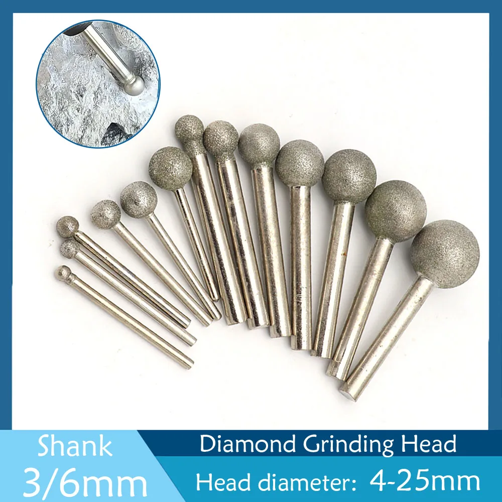 

4mm-25mm Ball Diamond Grinding Head 3/6mm Shank Ball Spherical Head Drill Burrs Polishing Grinding Bits Engraving Carving Tool