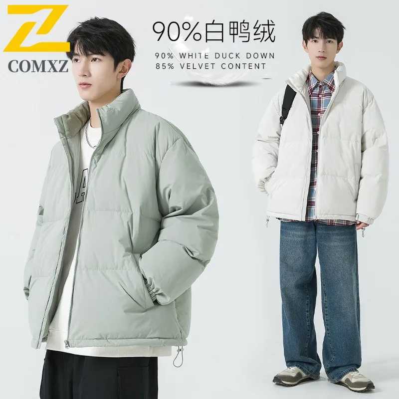 

COMXZ 2025 New National Standard 90 White Duck Down Coat Men Loose Plus Size Autumn Winter Minimalist Stand Collar Mens Coat