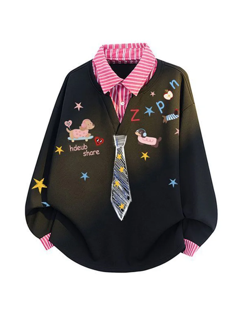 Sudadera de dibujos animados Kawaii de Japón para mujer, jersey falso de dos suelto y dulce con estampado de estilo pijo, Tops bonitos de retazos de manga larga Vintage