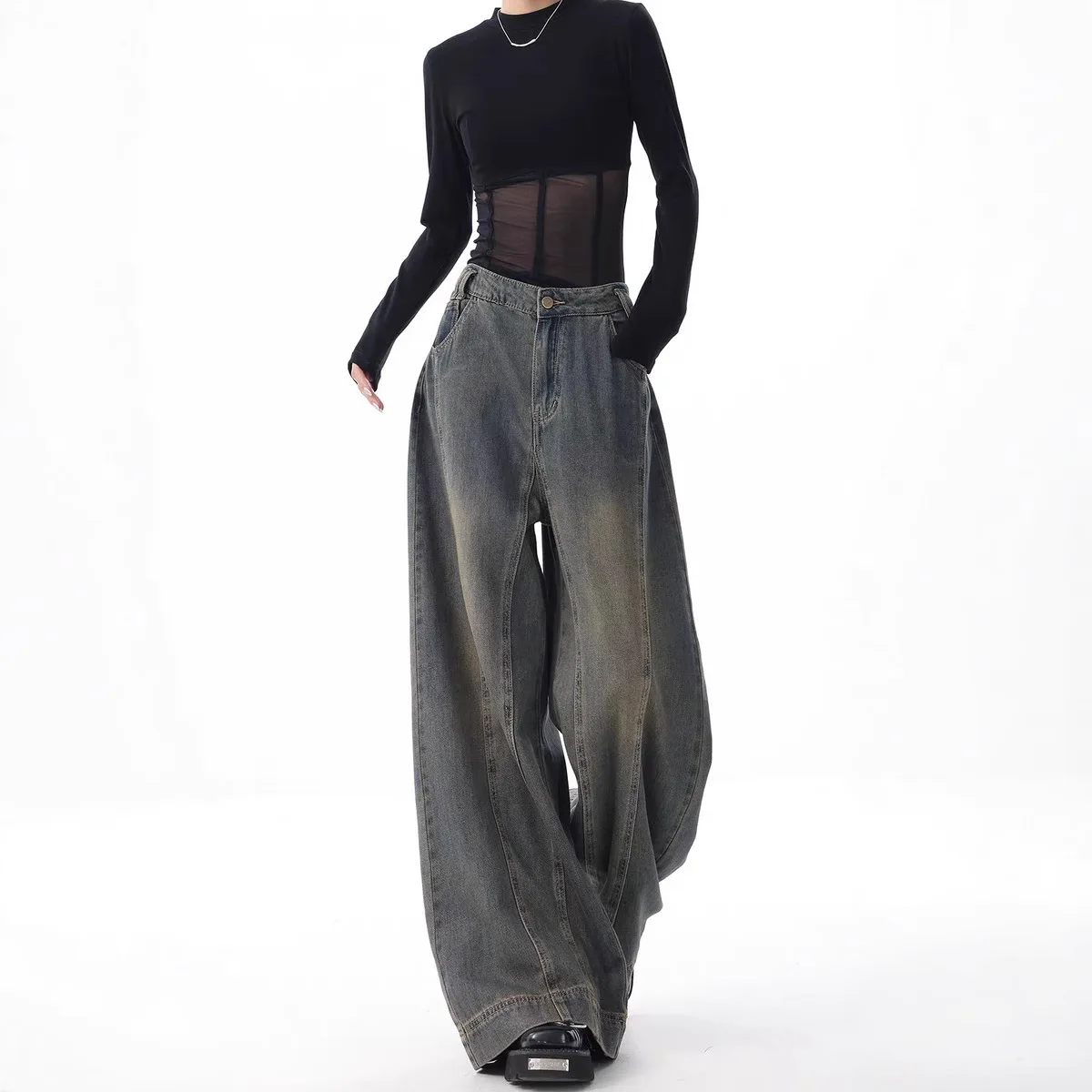 

ONE TO WAN New Vintage Simple Slim High Waisted Jeans Classic Simple Casual Fashion Loose Full Length Basic S-XL Women Jeans