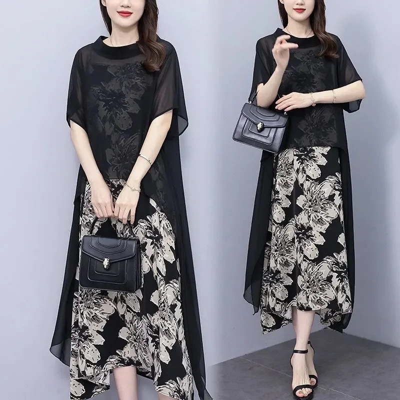 

Women's Loose Slimming Dress 2025 Summer New Item fat mm Flesh Blocking Long Chiffon Dress Loose and Fashionable Two-piece Set