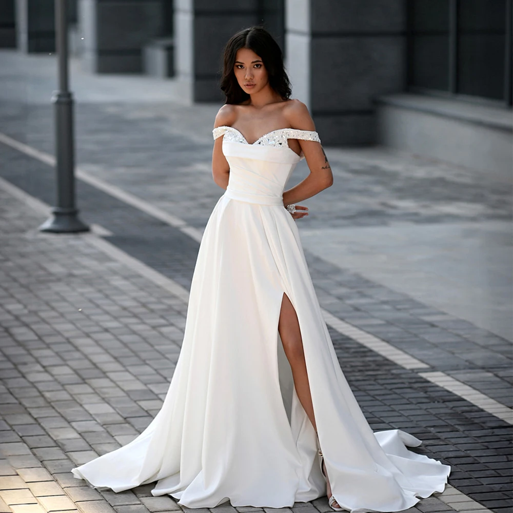 

Fashion Side Slit Wedding Dresses for Women Simple Bridal Gowns with Jersey Short Sleeve Vestidos De Novia 2025 New Summer