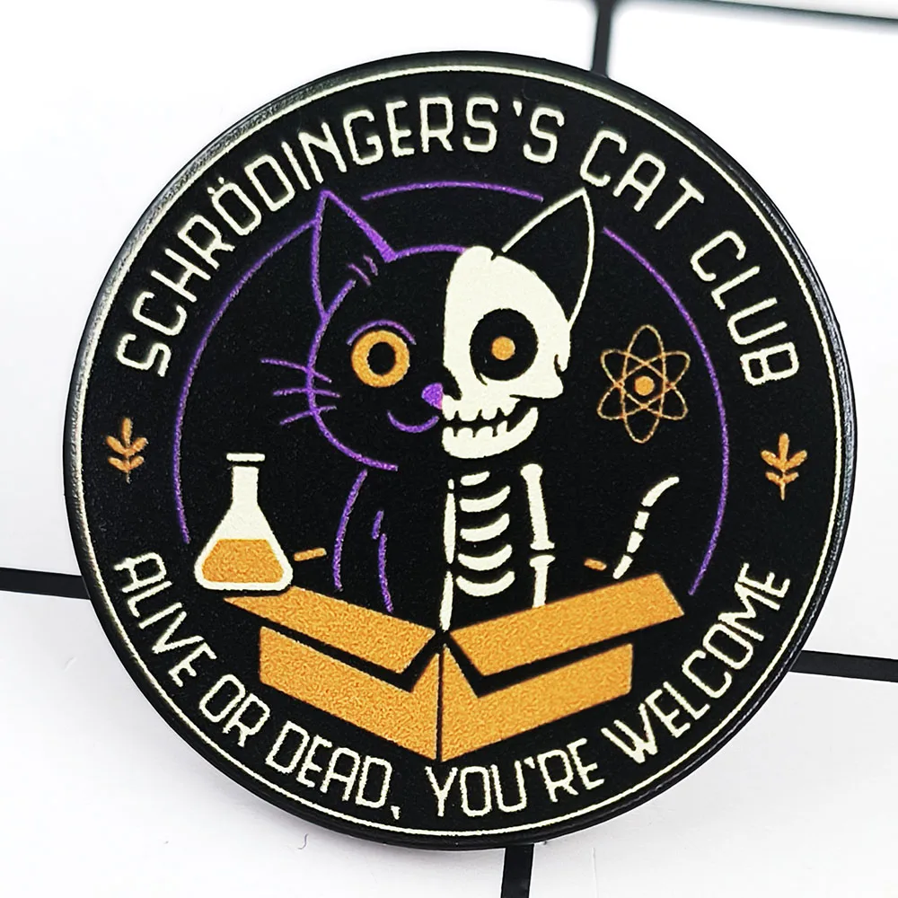 Broche mecánico cuántico de gato de Schrodinger vivo o muerto eres bienvenida Pin esmaltado divertido experimento física insignia accesorio regalo