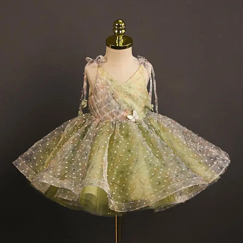 2024 Lace Up Sleeveless Girls Dress V-neck Princess Dress Spot Tulle Pageant Dresses Bow Green Fairycore for Children Girl Gown