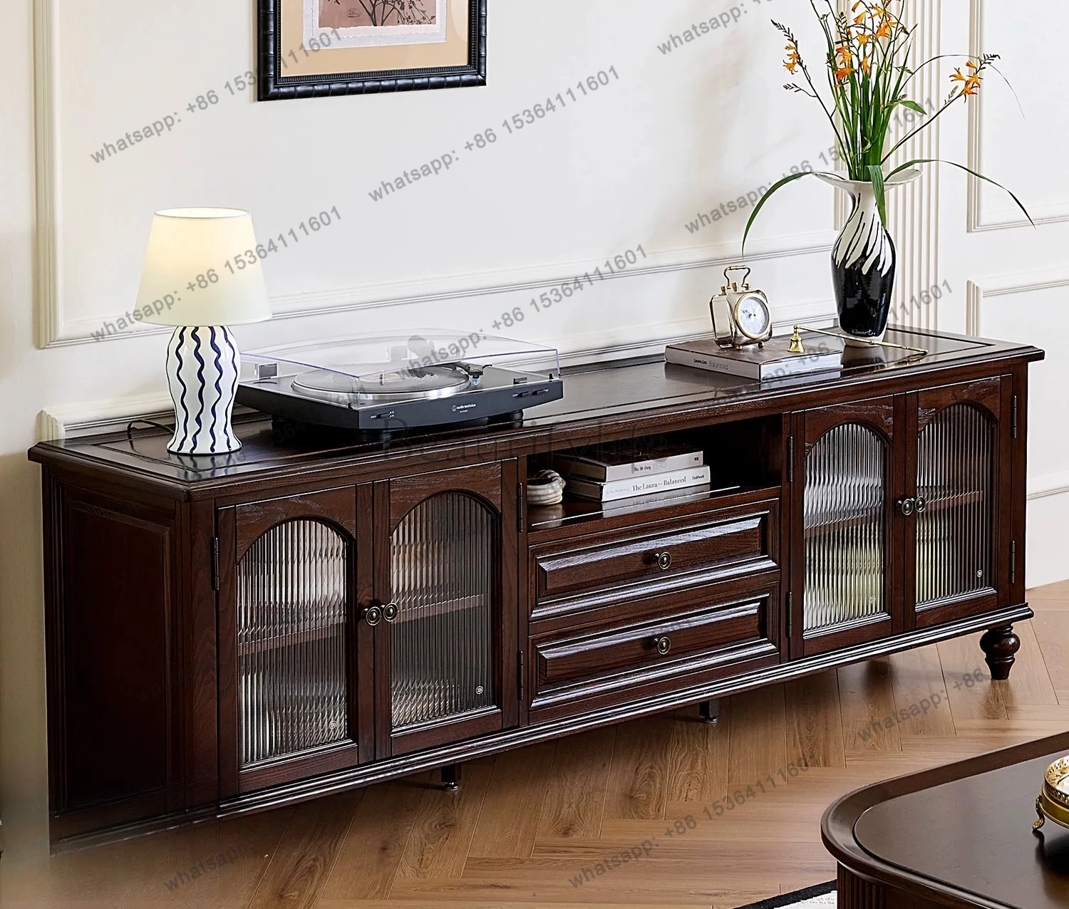 

2025 new American French all-solid wood TV cabinet storage living room storage retro floor cabinet