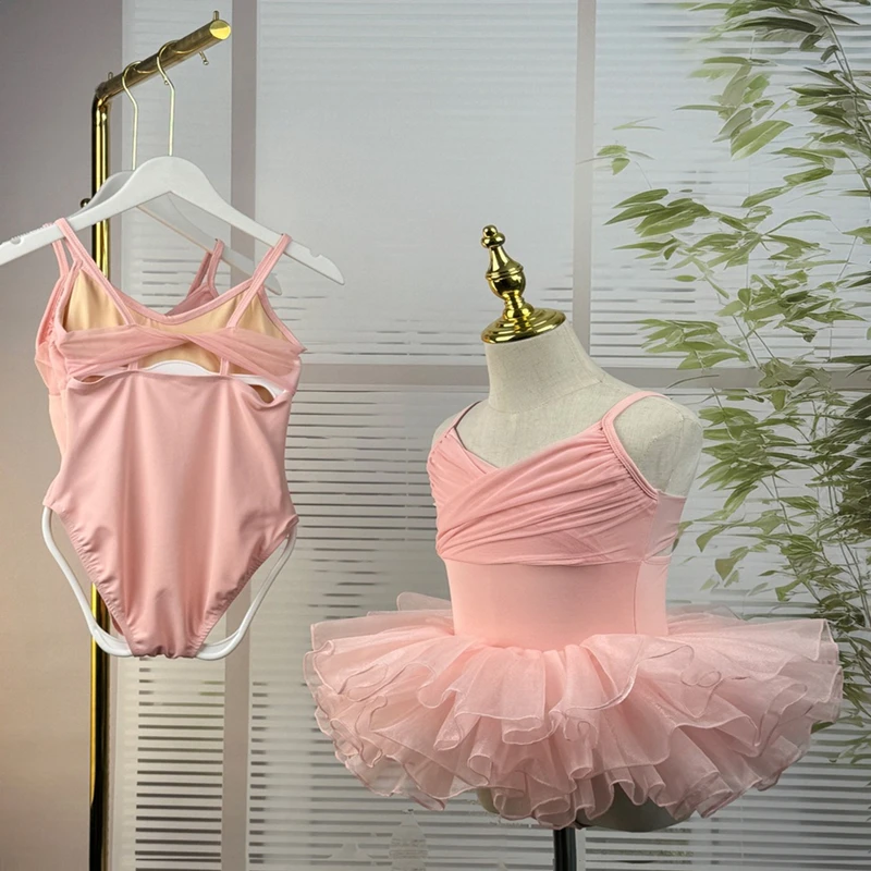 Girls Ballet Leotard Skirt Toddler Short Sleeve Back Hollow Pink Bodysuit Spliced Gauze Removeable Tutu Dress Set Training Dance