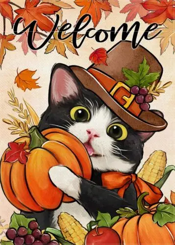 Welcome Fall Thanksgiving Tuxedo Cat Decorative Garden Flag, Autumn Harvest P...