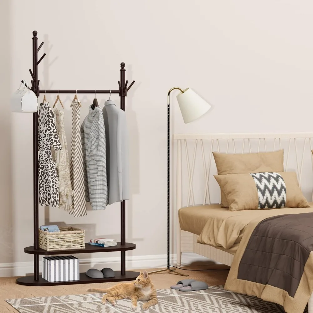 2-Tier Coat Rack Freestanding, Easy Assemble 8 Hooks Wooden Coat Rack with Shoe Storage Sturdy Coat Tree Save Space, Rustic Coat